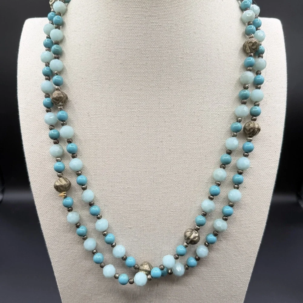 Turquoise & Silver Tone Blue Beaded Double Strand Necklace Faceted Boho Jewelry